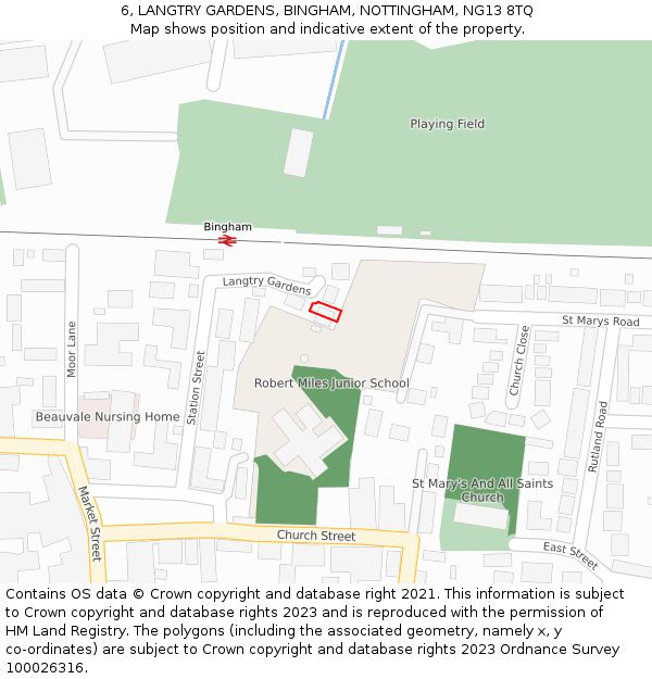 6, LANGTRY GARDENS, BINGHAM, NOTTINGHAM, NG13 8TQ: Location map and indicative extent of plot