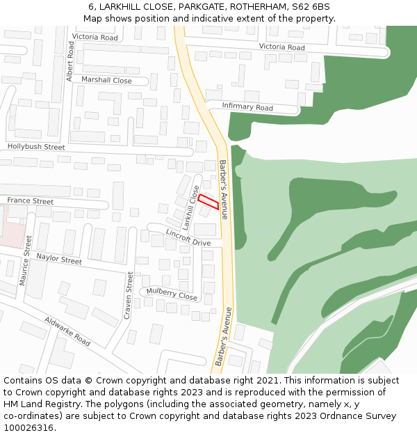 6, LARKHILL CLOSE, PARKGATE, ROTHERHAM, S62 6BS: Location map and indicative extent of plot