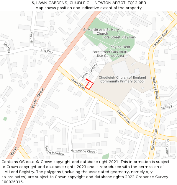 6, LAWN GARDENS, CHUDLEIGH, NEWTON ABBOT, TQ13 0RB: Location map and indicative extent of plot