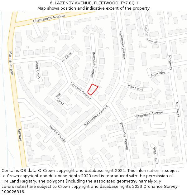 6, LAZENBY AVENUE, FLEETWOOD, FY7 8QH: Location map and indicative extent of plot