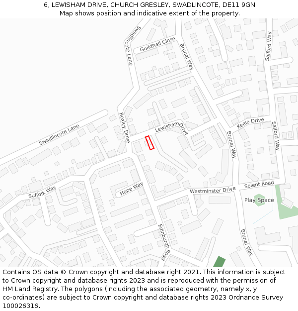 6, LEWISHAM DRIVE, CHURCH GRESLEY, SWADLINCOTE, DE11 9GN: Location map and indicative extent of plot