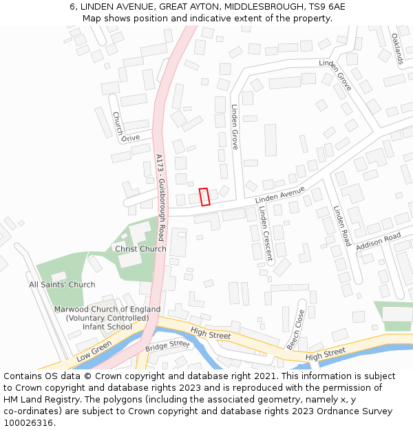 6, LINDEN AVENUE, GREAT AYTON, MIDDLESBROUGH, TS9 6AE: Location map and indicative extent of plot