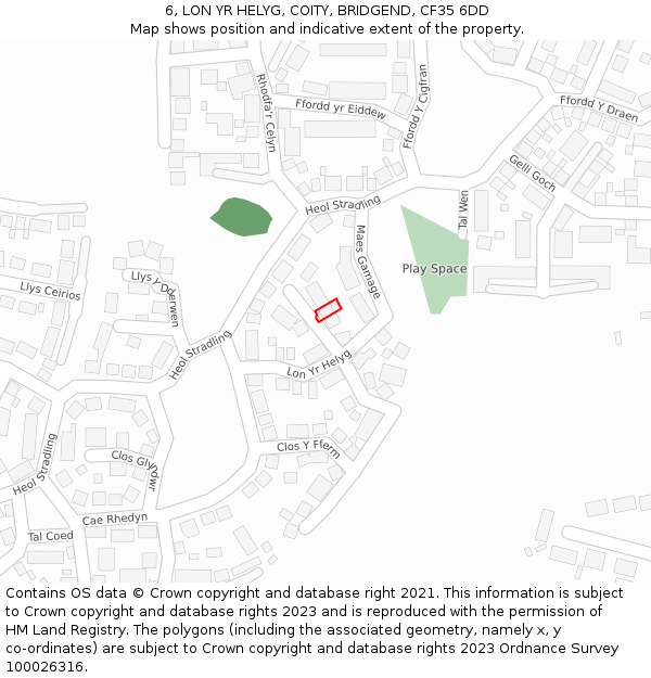 6, LON YR HELYG, COITY, BRIDGEND, CF35 6DD: Location map and indicative extent of plot