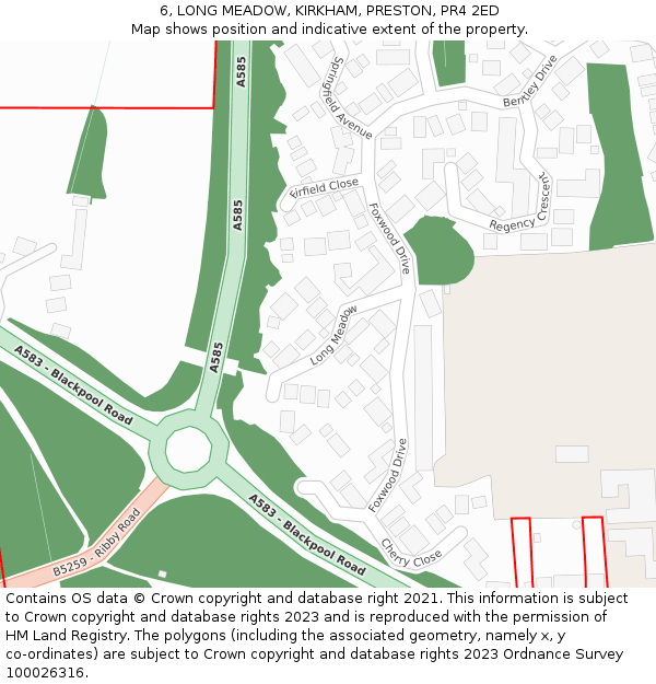6, LONG MEADOW, KIRKHAM, PRESTON, PR4 2ED: Location map and indicative extent of plot