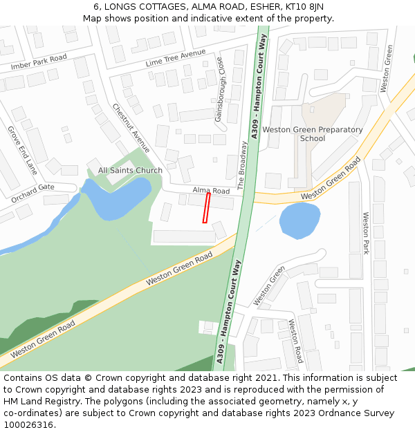 6, LONGS COTTAGES, ALMA ROAD, ESHER, KT10 8JN: Location map and indicative extent of plot