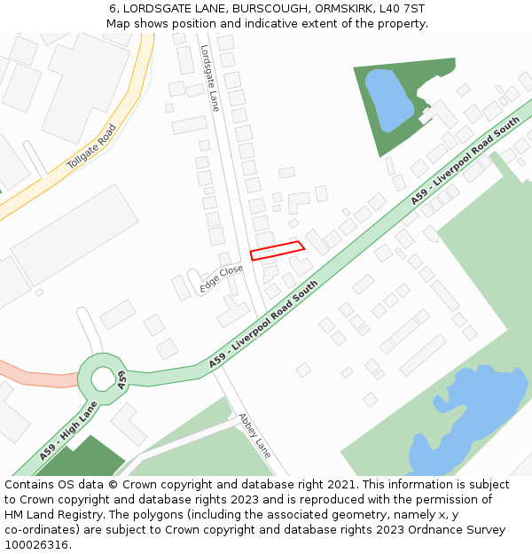 6, LORDSGATE LANE, BURSCOUGH, ORMSKIRK, L40 7ST: Location map and indicative extent of plot