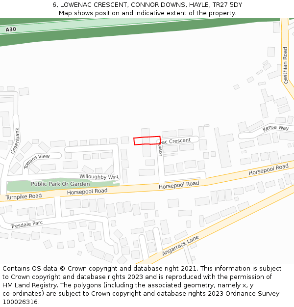 6, LOWENAC CRESCENT, CONNOR DOWNS, HAYLE, TR27 5DY: Location map and indicative extent of plot