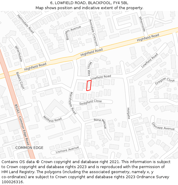 6, LOWFIELD ROAD, BLACKPOOL, FY4 5BL: Location map and indicative extent of plot