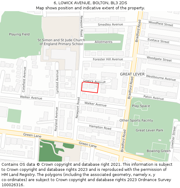 6, LOWICK AVENUE, BOLTON, BL3 2DS: Location map and indicative extent of plot