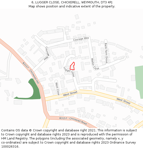 6, LUGGER CLOSE, CHICKERELL, WEYMOUTH, DT3 4PJ: Location map and indicative extent of plot