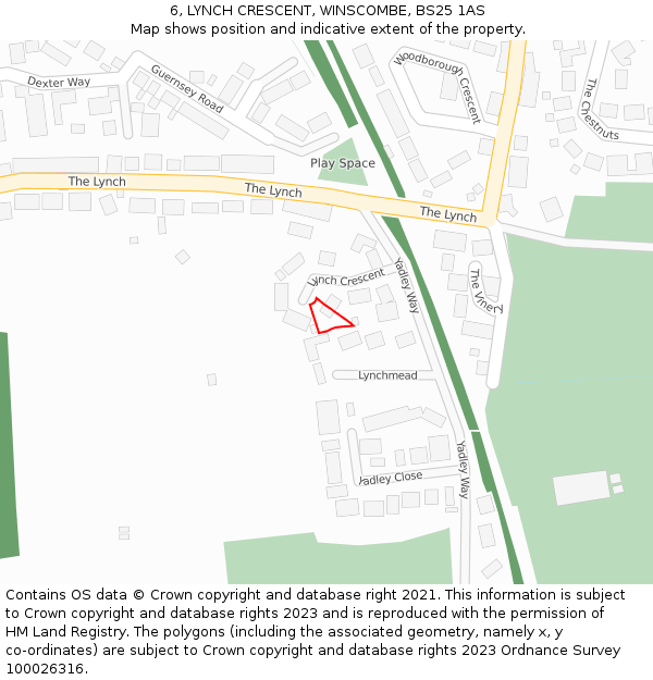 6, LYNCH CRESCENT, WINSCOMBE, BS25 1AS: Location map and indicative extent of plot