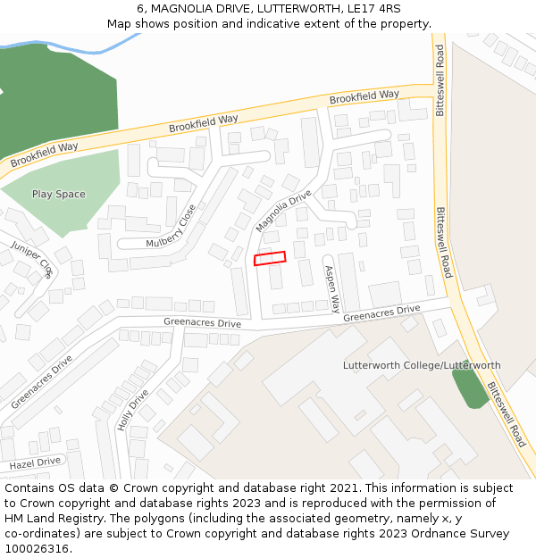 6, MAGNOLIA DRIVE, LUTTERWORTH, LE17 4RS: Location map and indicative extent of plot