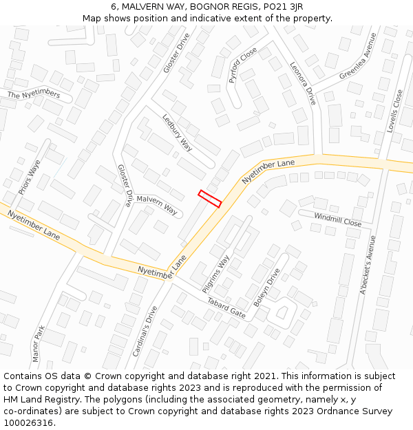 6, MALVERN WAY, BOGNOR REGIS, PO21 3JR: Location map and indicative extent of plot