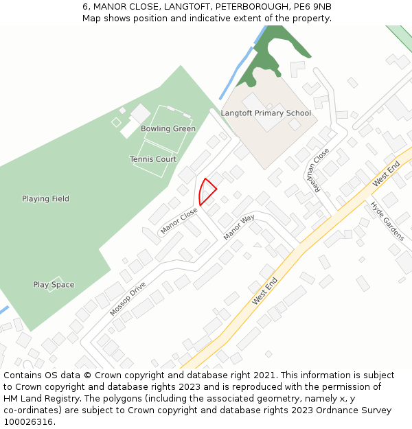 6, MANOR CLOSE, LANGTOFT, PETERBOROUGH, PE6 9NB: Location map and indicative extent of plot