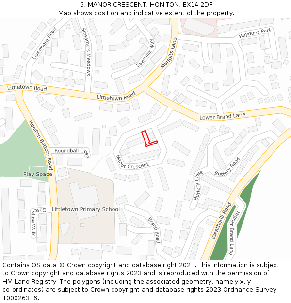 6, MANOR CRESCENT, HONITON, EX14 2DF: Location map and indicative extent of plot