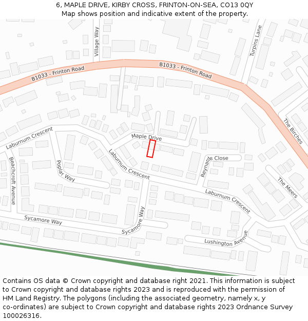 6, MAPLE DRIVE, KIRBY CROSS, FRINTON-ON-SEA, CO13 0QY: Location map and indicative extent of plot