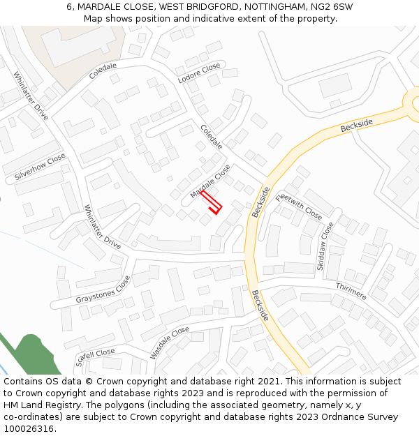 6, MARDALE CLOSE, WEST BRIDGFORD, NOTTINGHAM, NG2 6SW: Location map and indicative extent of plot