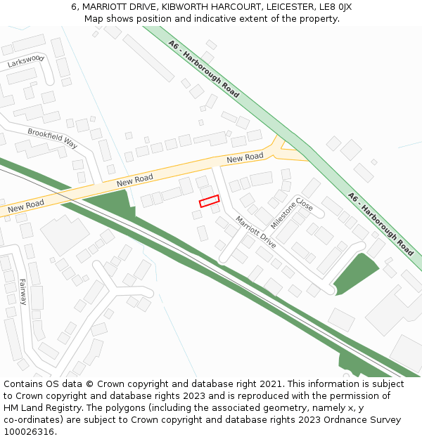 6, MARRIOTT DRIVE, KIBWORTH HARCOURT, LEICESTER, LE8 0JX: Location map and indicative extent of plot