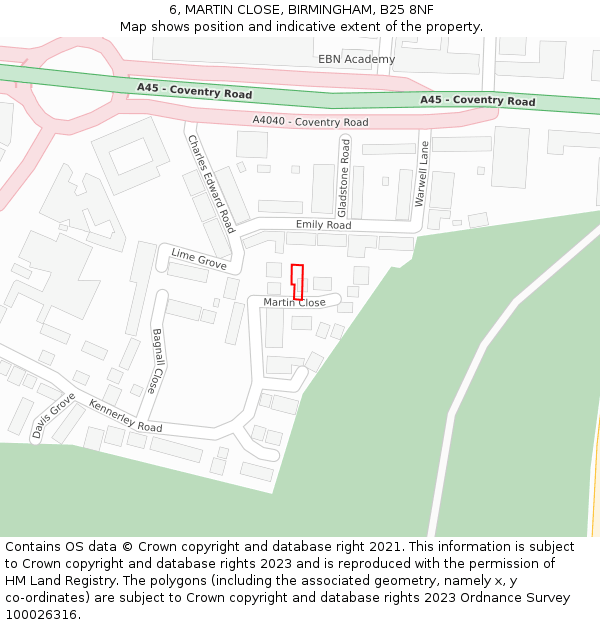 6, MARTIN CLOSE, BIRMINGHAM, B25 8NF: Location map and indicative extent of plot