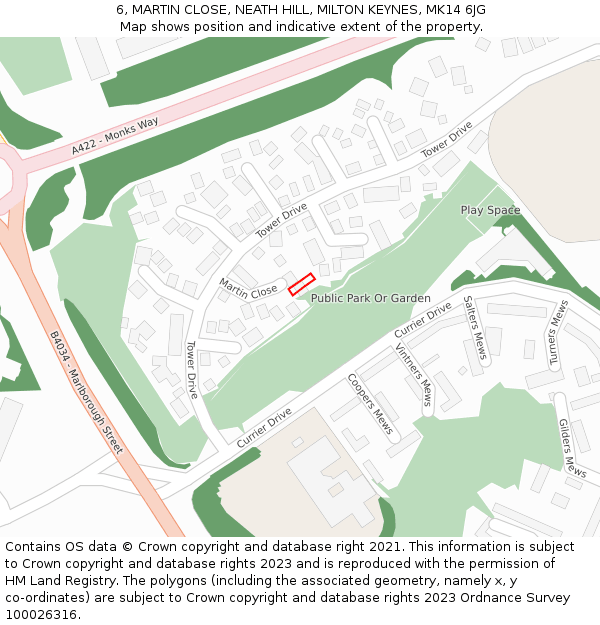 6, MARTIN CLOSE, NEATH HILL, MILTON KEYNES, MK14 6JG: Location map and indicative extent of plot