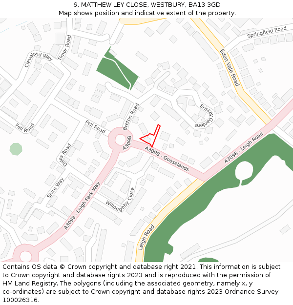 6, MATTHEW LEY CLOSE, WESTBURY, BA13 3GD: Location map and indicative extent of plot