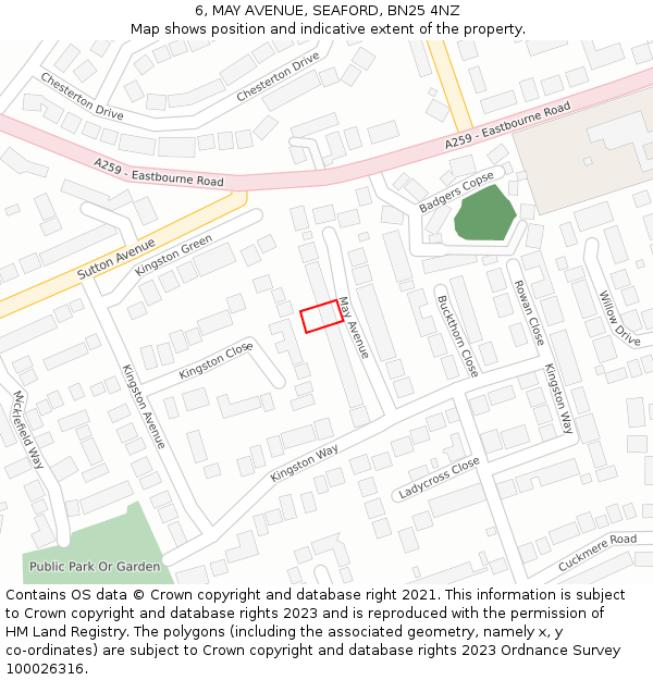 6, MAY AVENUE, SEAFORD, BN25 4NZ: Location map and indicative extent of plot