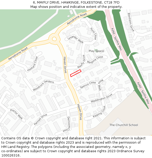 6, MAYFLY DRIVE, HAWKINGE, FOLKESTONE, CT18 7FD: Location map and indicative extent of plot