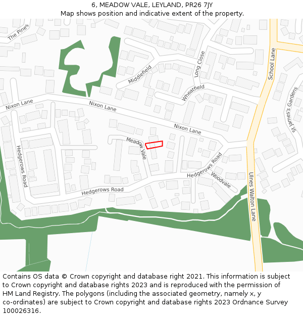 6, MEADOW VALE, LEYLAND, PR26 7JY: Location map and indicative extent of plot