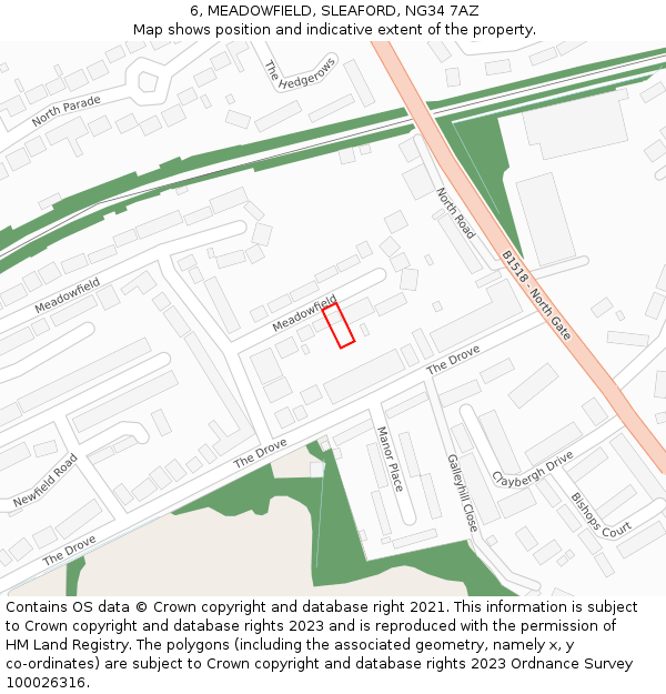 6, MEADOWFIELD, SLEAFORD, NG34 7AZ: Location map and indicative extent of plot