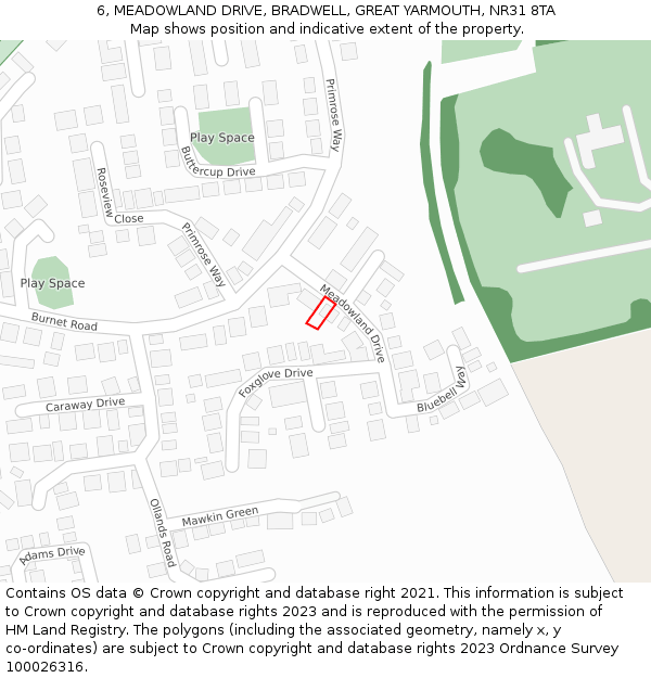 6, MEADOWLAND DRIVE, BRADWELL, GREAT YARMOUTH, NR31 8TA: Location map and indicative extent of plot