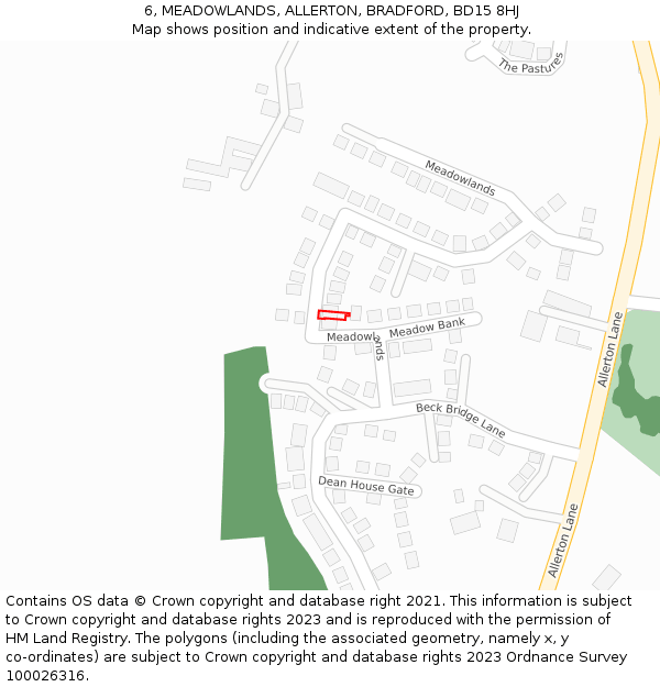 6, MEADOWLANDS, ALLERTON, BRADFORD, BD15 8HJ: Location map and indicative extent of plot