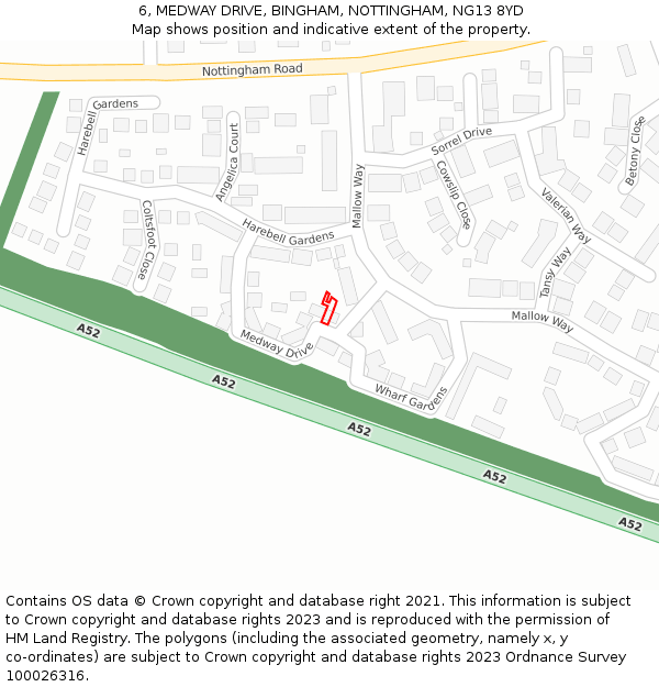 6, MEDWAY DRIVE, BINGHAM, NOTTINGHAM, NG13 8YD: Location map and indicative extent of plot