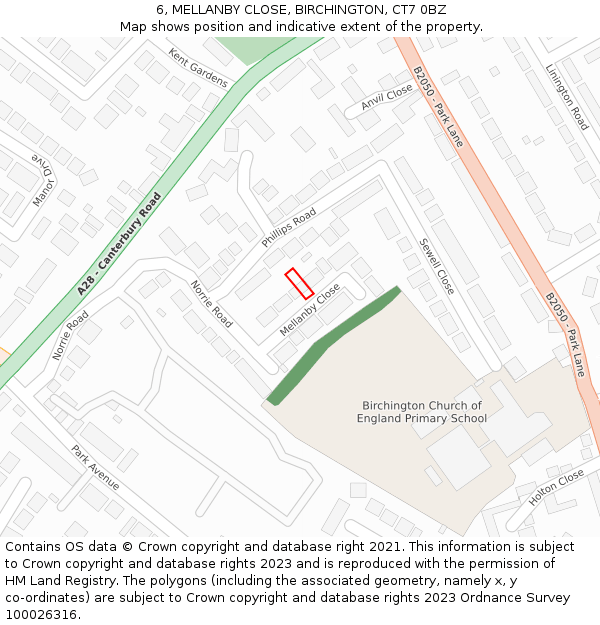 6, MELLANBY CLOSE, BIRCHINGTON, CT7 0BZ: Location map and indicative extent of plot