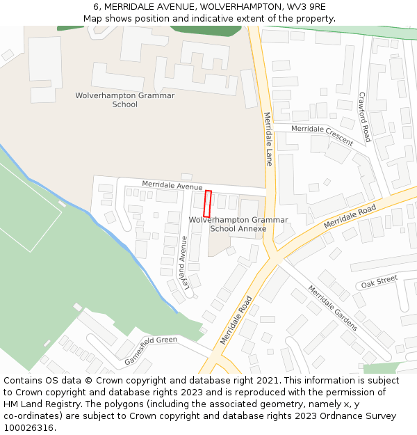6, MERRIDALE AVENUE, WOLVERHAMPTON, WV3 9RE: Location map and indicative extent of plot