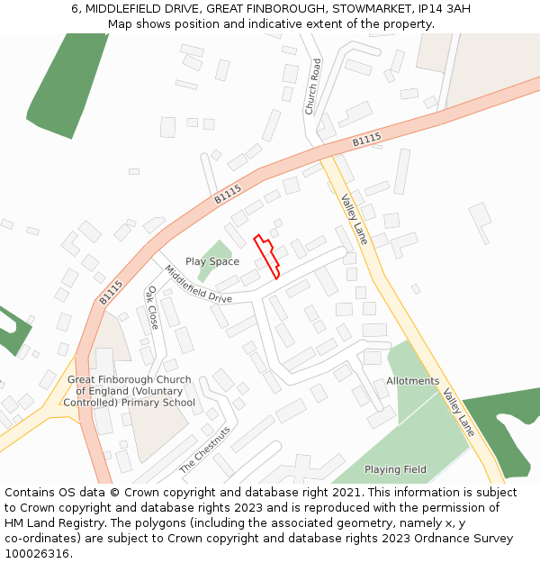 6, MIDDLEFIELD DRIVE, GREAT FINBOROUGH, STOWMARKET, IP14 3AH: Location map and indicative extent of plot