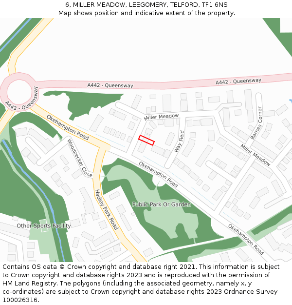 6, MILLER MEADOW, LEEGOMERY, TELFORD, TF1 6NS: Location map and indicative extent of plot