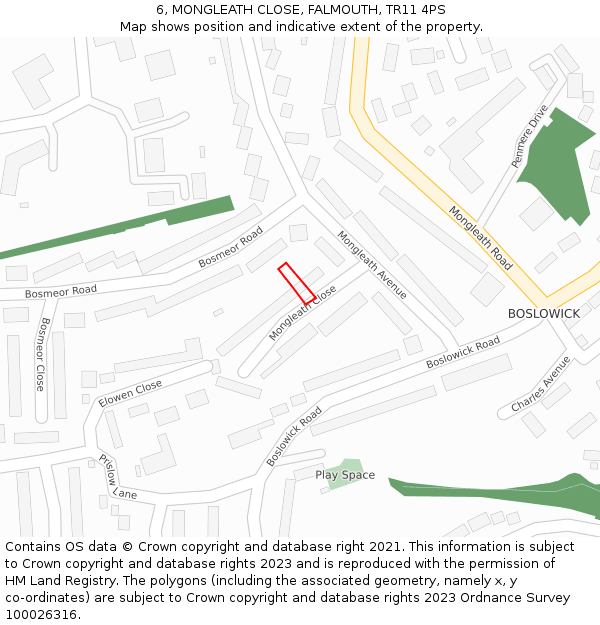 6, MONGLEATH CLOSE, FALMOUTH, TR11 4PS: Location map and indicative extent of plot