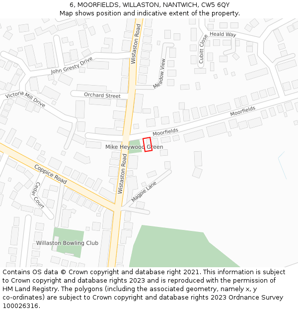 6, MOORFIELDS, WILLASTON, NANTWICH, CW5 6QY: Location map and indicative extent of plot