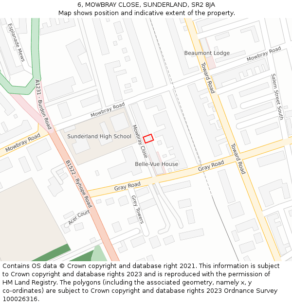 6, MOWBRAY CLOSE, SUNDERLAND, SR2 8JA: Location map and indicative extent of plot