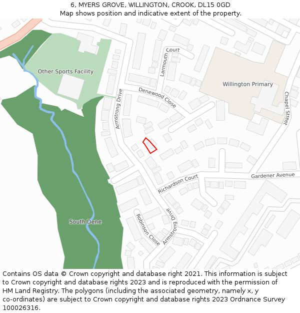 6, MYERS GROVE, WILLINGTON, CROOK, DL15 0GD: Location map and indicative extent of plot