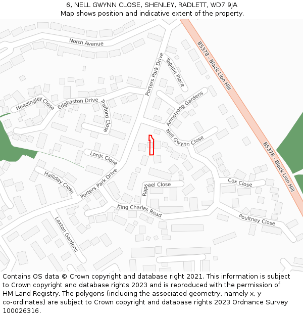 6, NELL GWYNN CLOSE, SHENLEY, RADLETT, WD7 9JA: Location map and indicative extent of plot