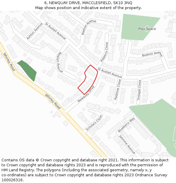 6, NEWQUAY DRIVE, MACCLESFIELD, SK10 3NQ: Location map and indicative extent of plot