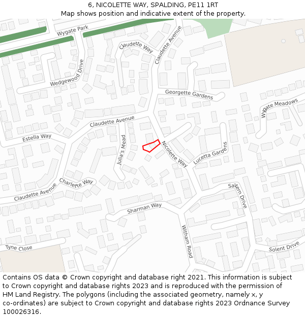 6, NICOLETTE WAY, SPALDING, PE11 1RT: Location map and indicative extent of plot