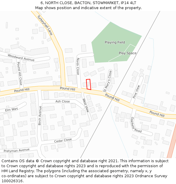 6, NORTH CLOSE, BACTON, STOWMARKET, IP14 4LT: Location map and indicative extent of plot