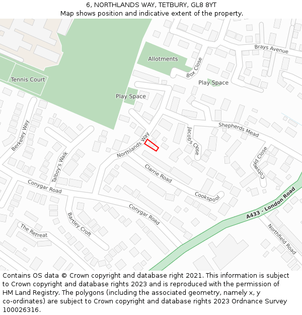 6, NORTHLANDS WAY, TETBURY, GL8 8YT: Location map and indicative extent of plot