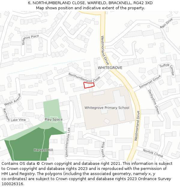 6, NORTHUMBERLAND CLOSE, WARFIELD, BRACKNELL, RG42 3XD: Location map and indicative extent of plot