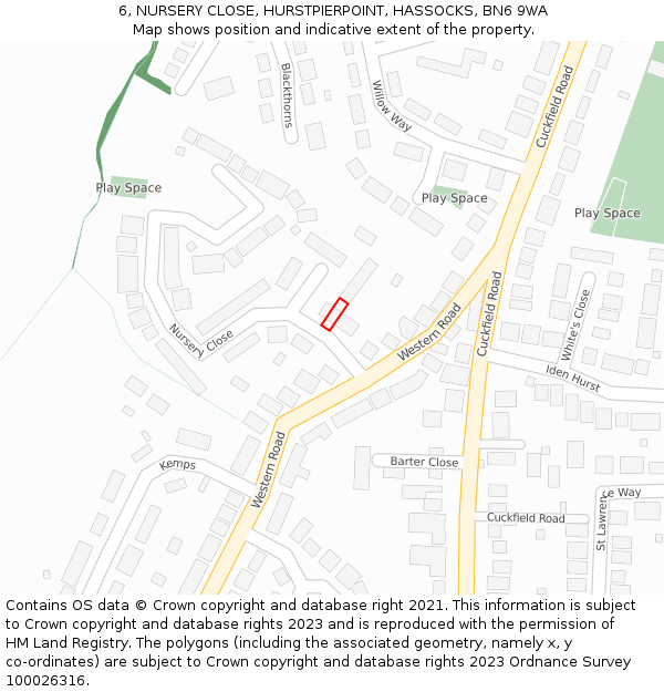 6, NURSERY CLOSE, HURSTPIERPOINT, HASSOCKS, BN6 9WA: Location map and indicative extent of plot