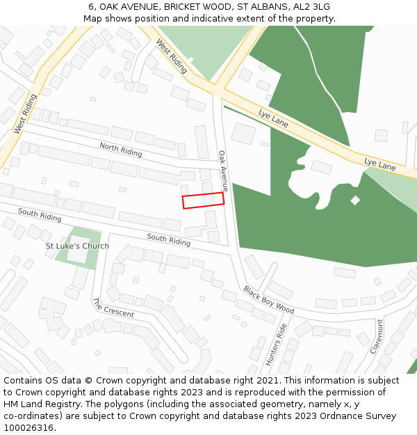 6, OAK AVENUE, BRICKET WOOD, ST ALBANS, AL2 3LG: Location map and indicative extent of plot