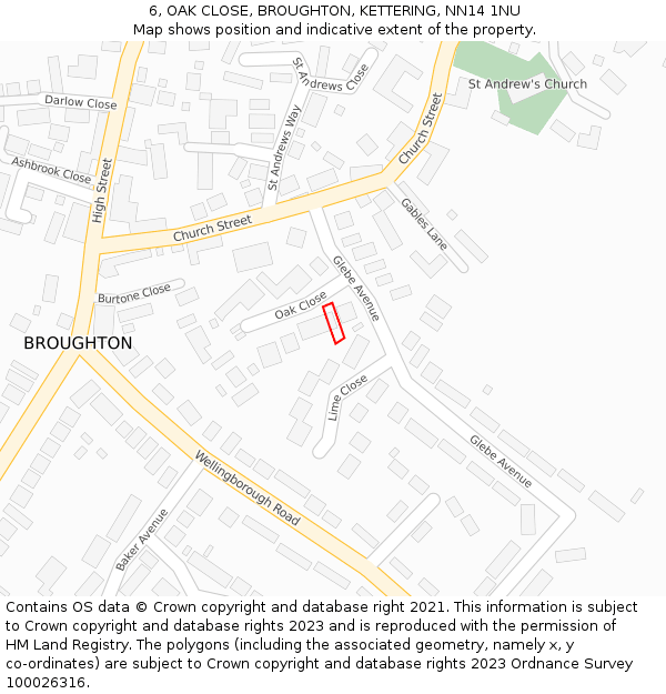 6, OAK CLOSE, BROUGHTON, KETTERING, NN14 1NU: Location map and indicative extent of plot