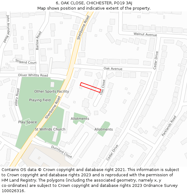 6, OAK CLOSE, CHICHESTER, PO19 3AJ: Location map and indicative extent of plot